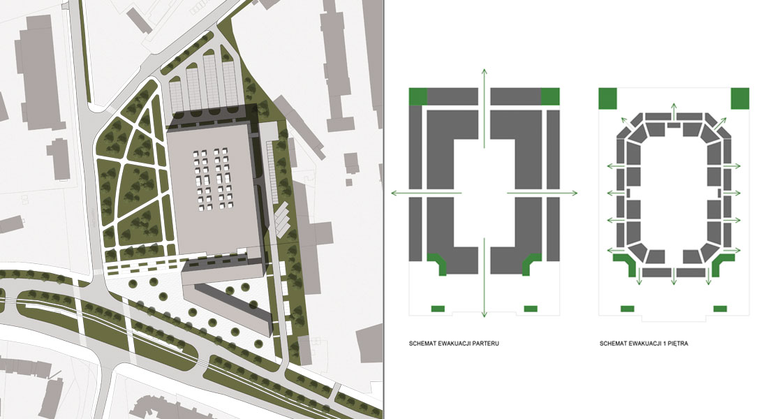 Grzegórzecka hala widowiskowo-sportowa. Zagospodarowanie terenu. Schematy ewakuacji obiektu